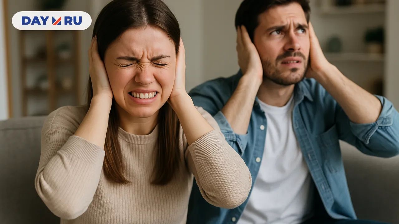 Молодая пара сидит на диване, закрывая уши и морщась от громкого шума Молодая пара сидит на диване, закрывая уши и морщась от громкого шума