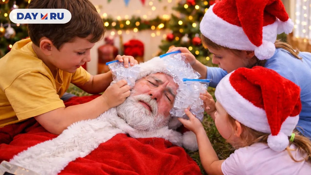 Дети помогают Деду Морозу льдом