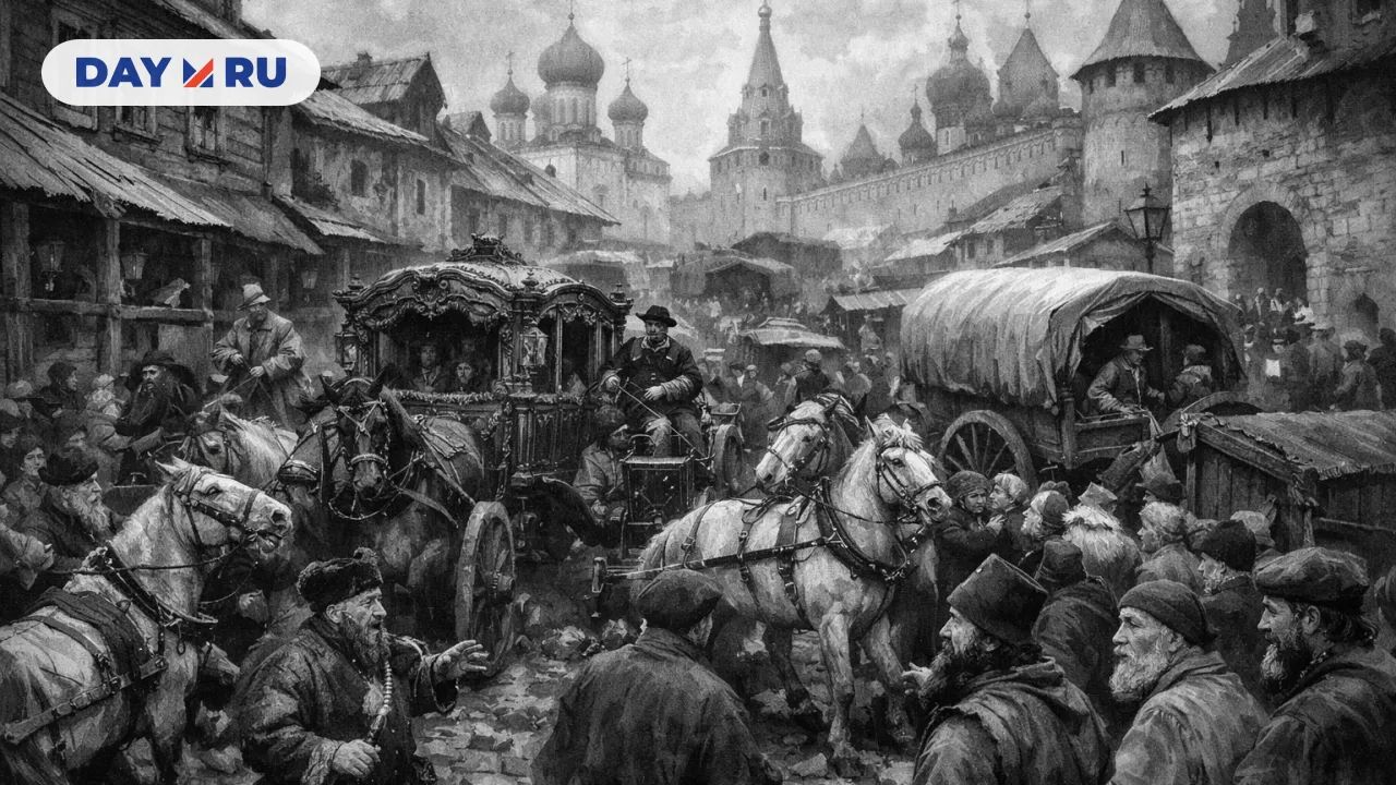 Чёрно-белая Москва, кареты, глухая давка.