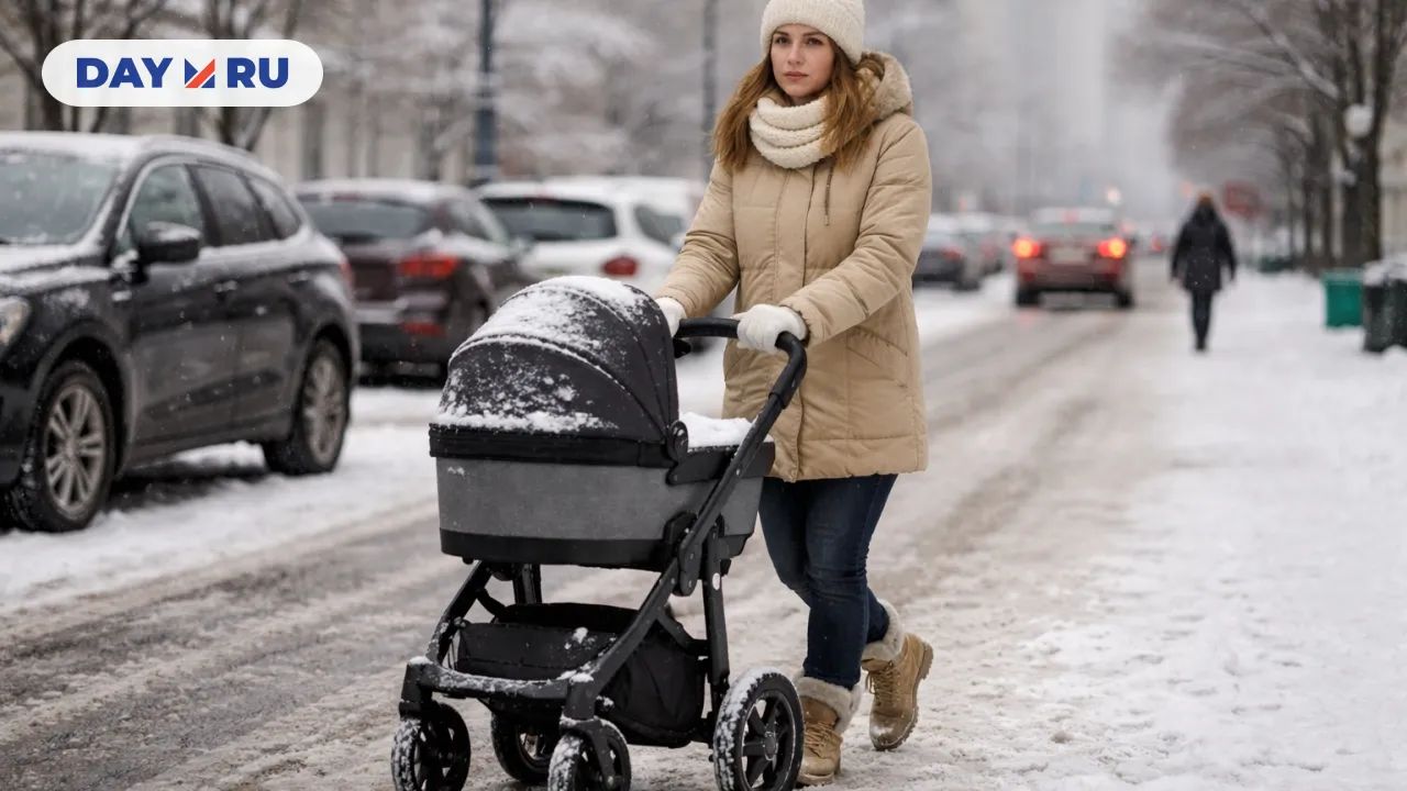 Женщина с коляской зимой на улице