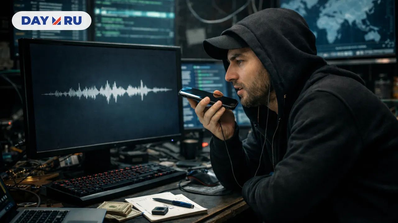 Мошенник с телефоном у компьютера