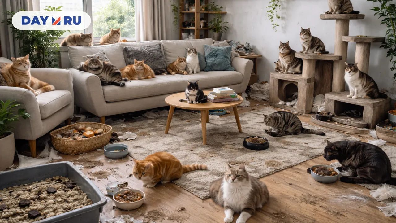 Много кошек, беспорядок в квартире