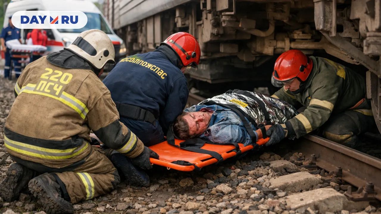 Спасатели выносят пострадавшего к скорой