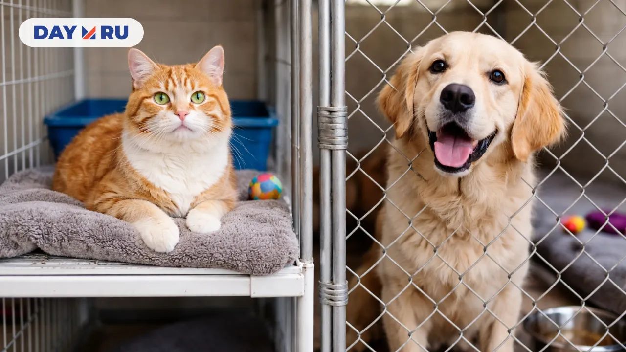Кошка и собака в приюте