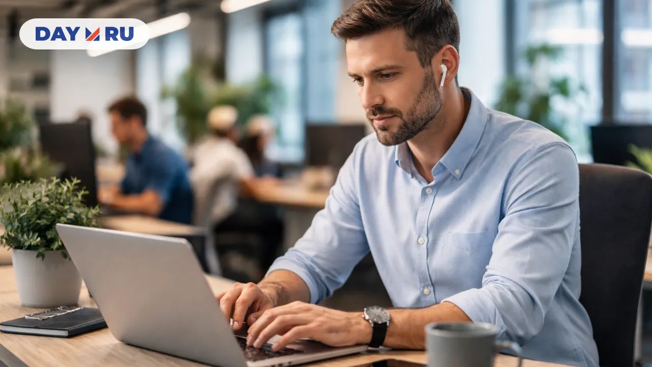 Человек работает за компьютером в офисе