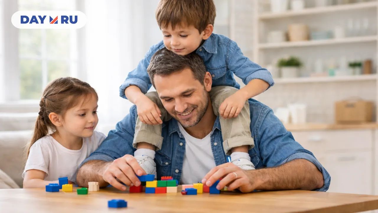 Отец играет с детьми дома Отец играет с детьми дома