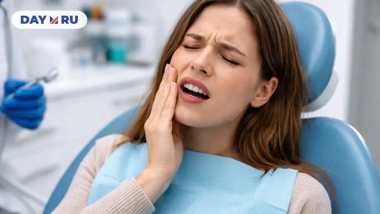 Женщина держится за щёку от боли