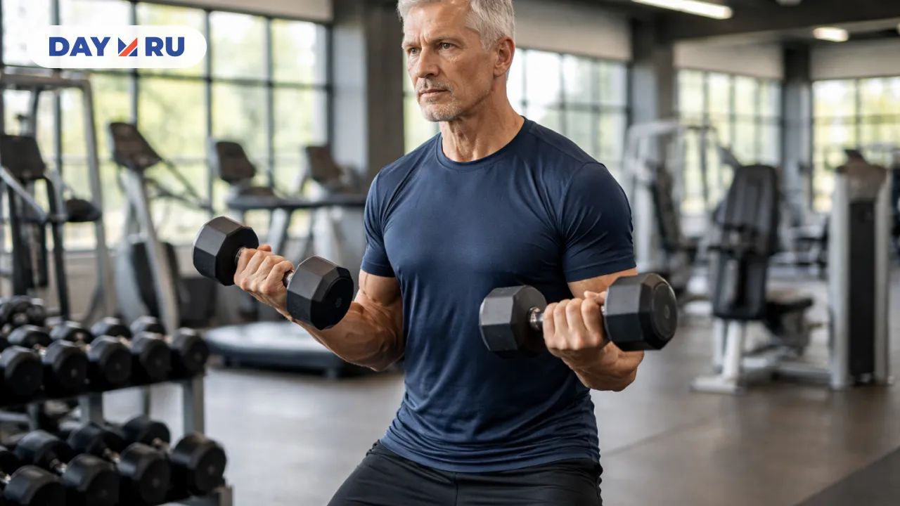 Мужчина тренируется с гантелями