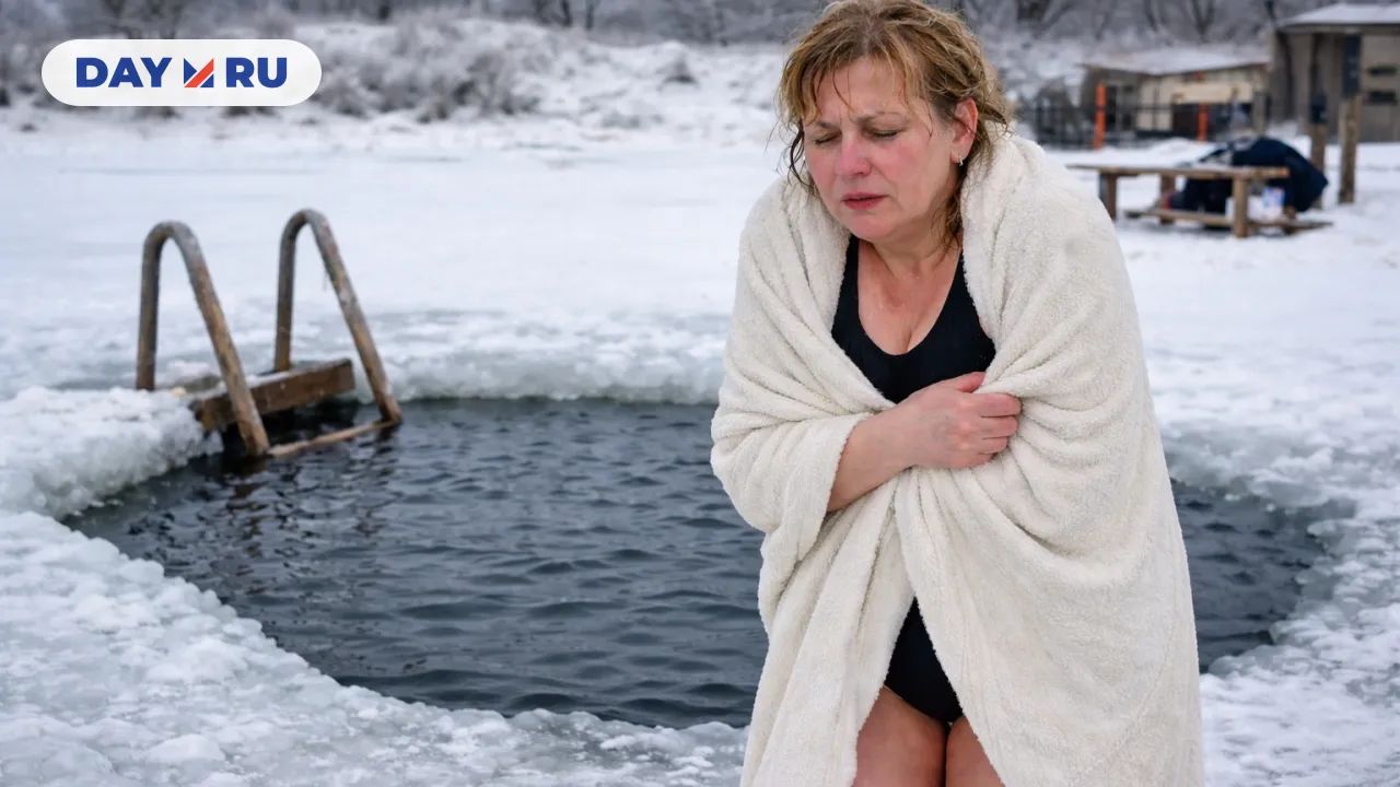 Женщина дрожит у ледяной проруби