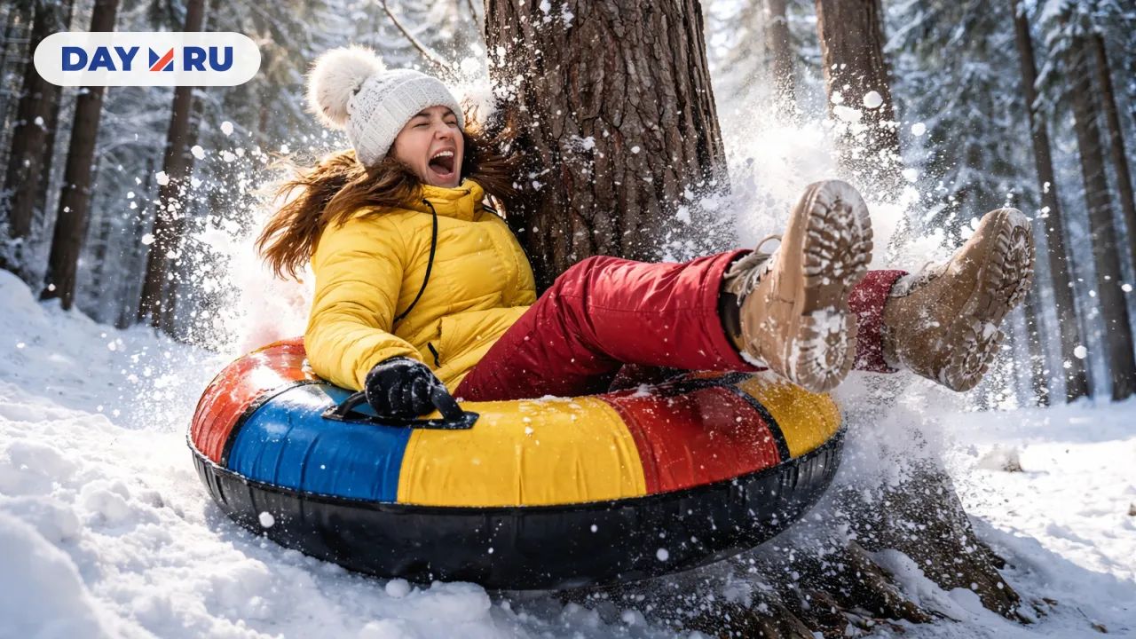 Удар спиной, ватрушка, дерево, снег, шок