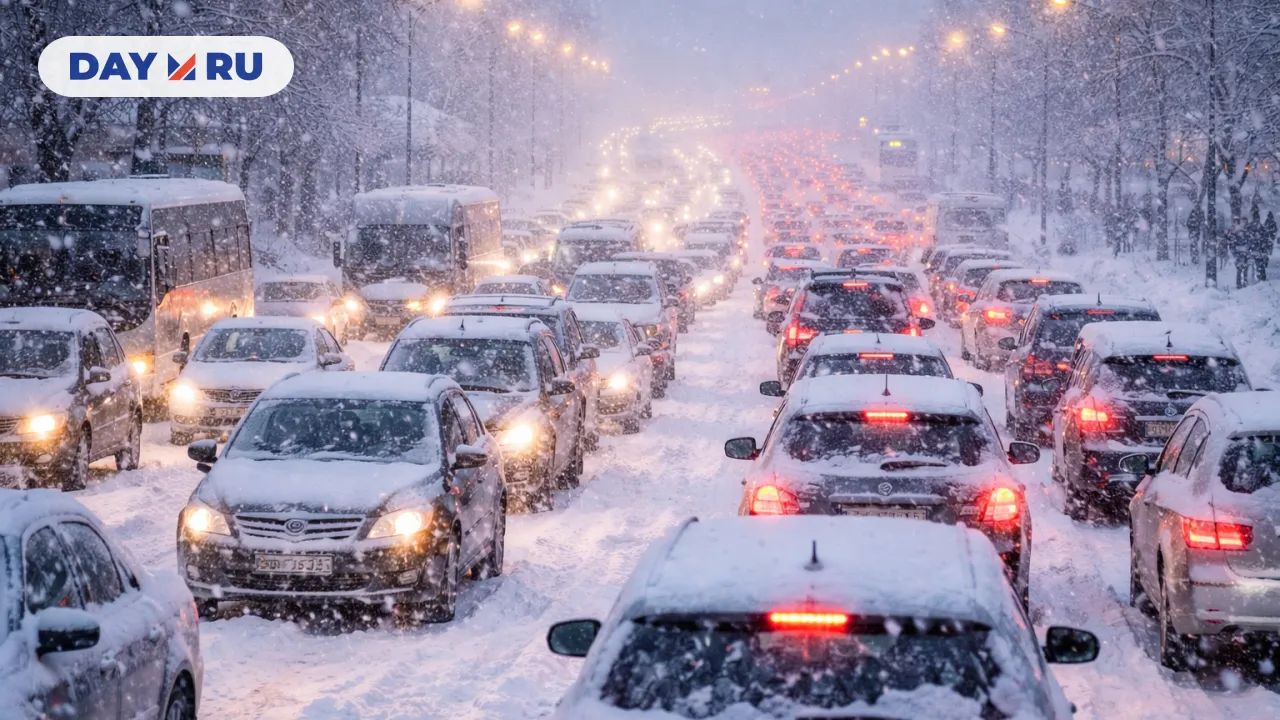 Заснеженный город в пробке