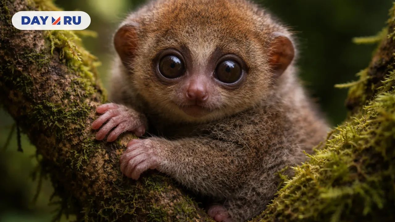 Маленький потто среди мха в лесу