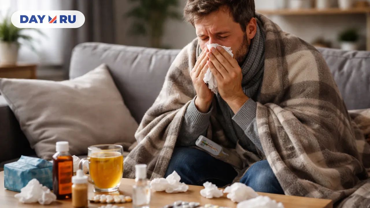 Больной мужчина с простудой на диване