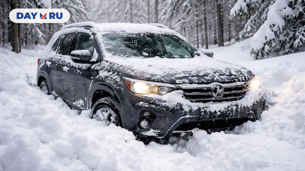 Машина увязла, сугробы, метель