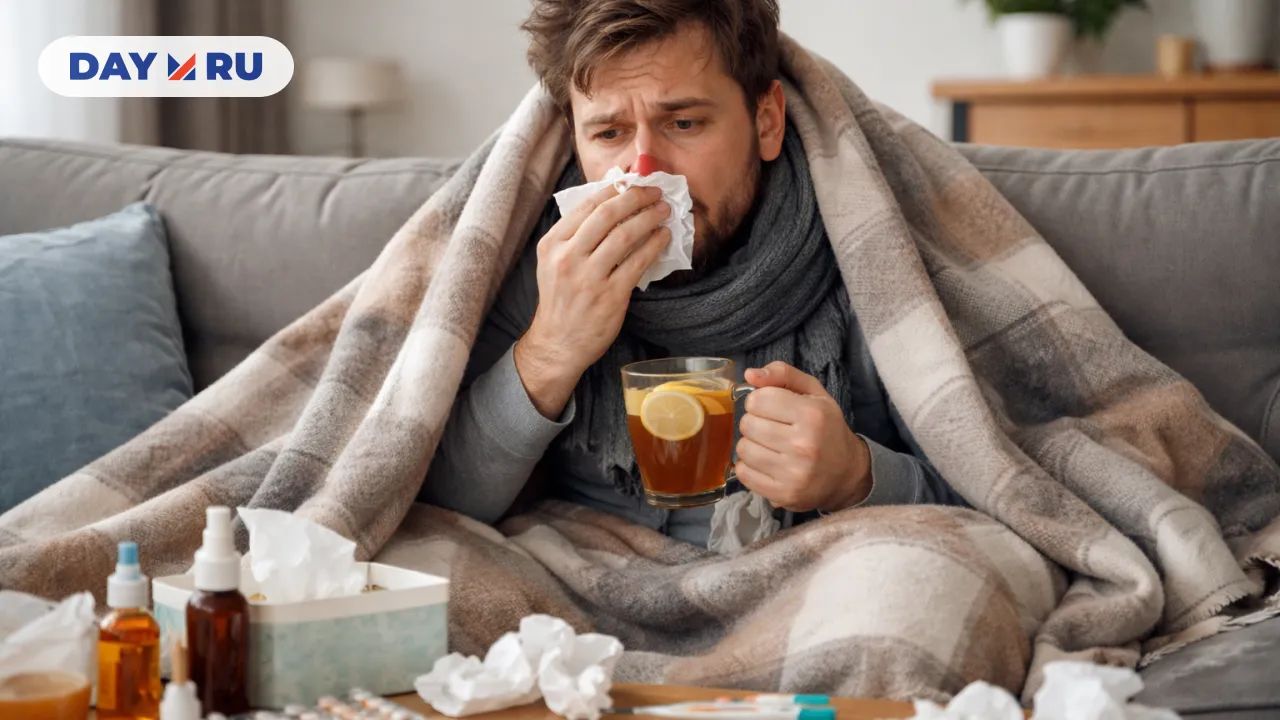 Больной мужчина с гриппом дома