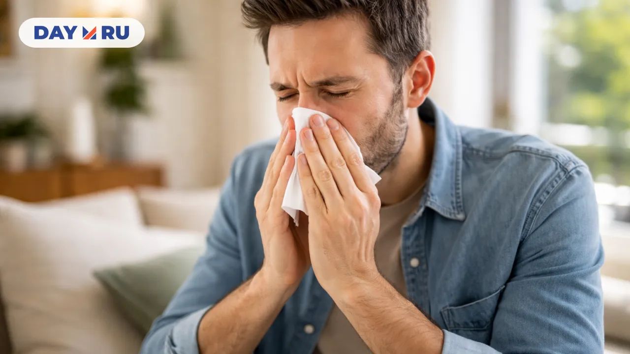 Мужчина сморкается в бумажную салфетку