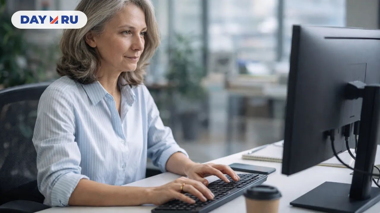 Пожилая женщина работает за компьютером