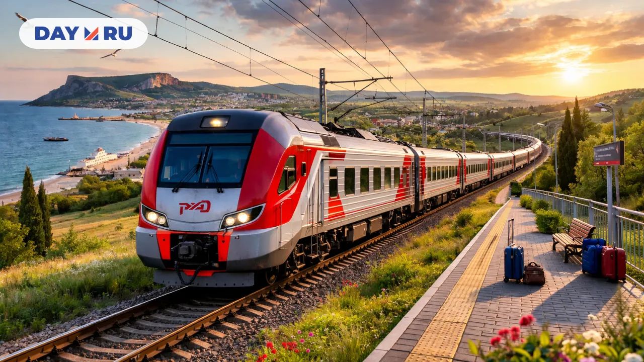 Поезд у моря на закате