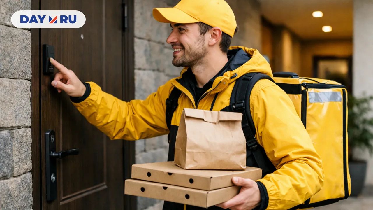 Доставщик еды у двери квартиры