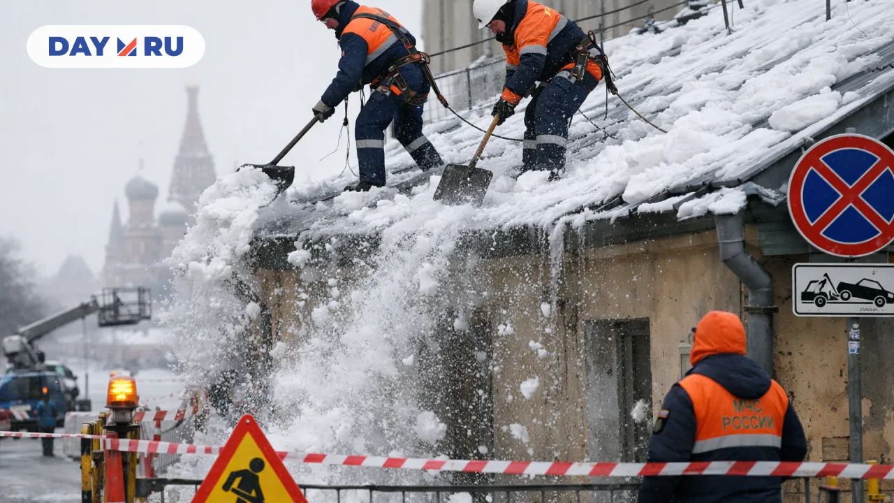 Рабочие на крыше очищают снег в Москве