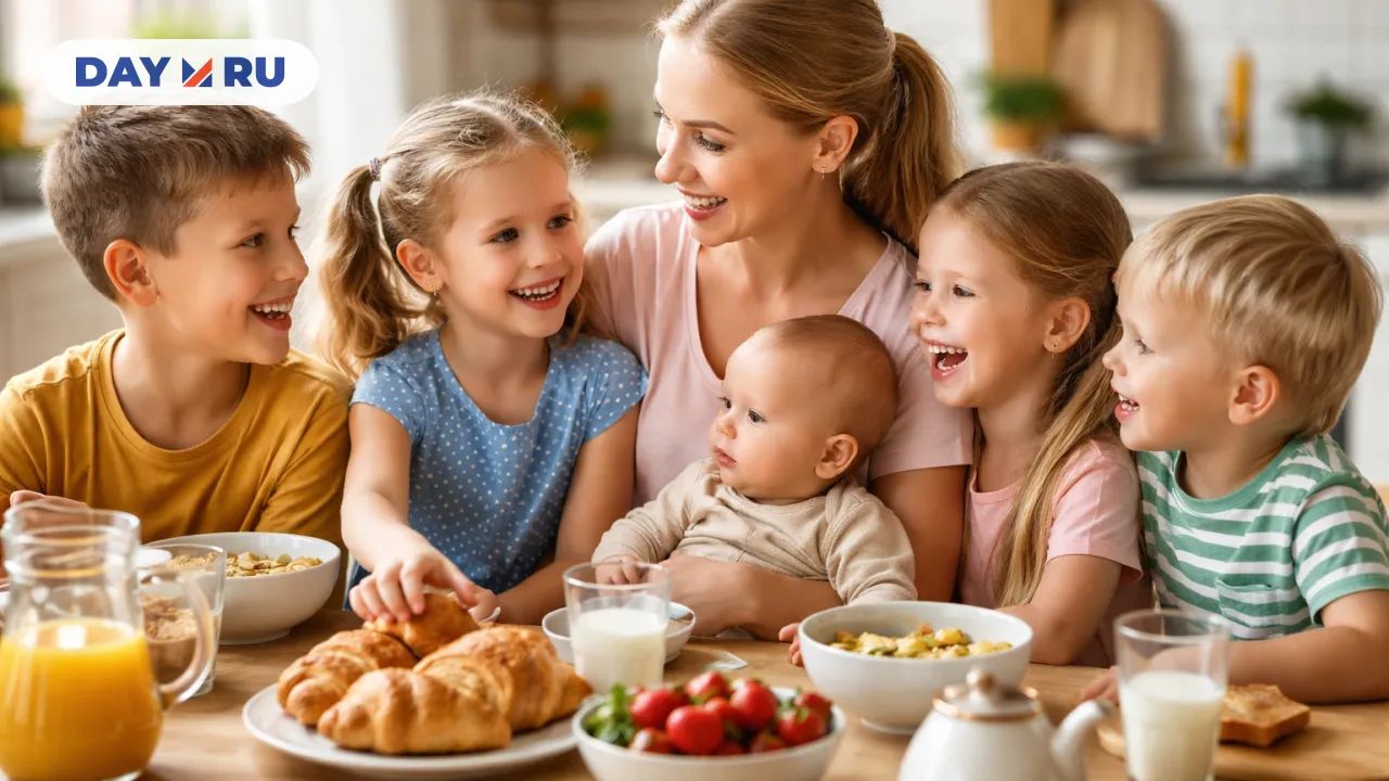 Семейный завтрак в яркой кухне