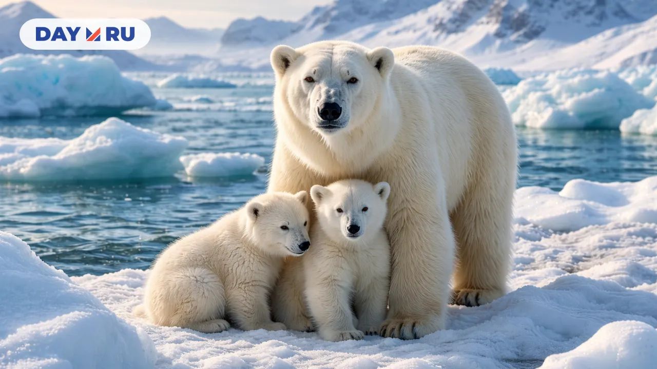 Мать- медведица с медвежатами на льду