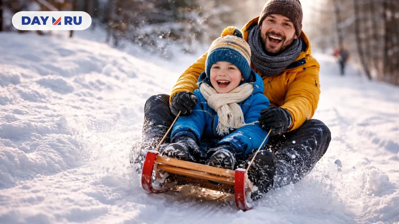 Отец и сын на санках в снегу