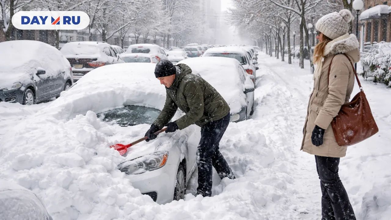 Зимний день в снежном городе