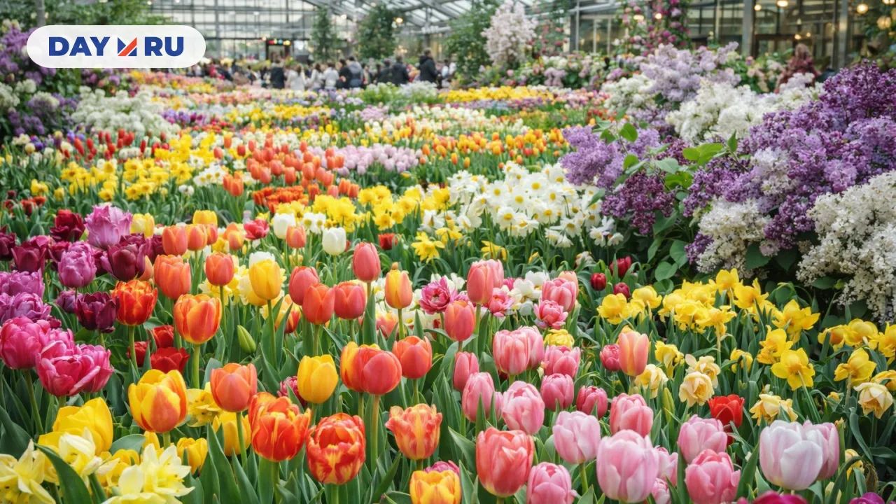 Цветущий ботанический сад под стеклом