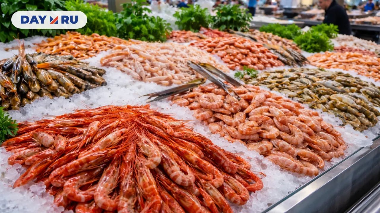 Свежие креветки на льду