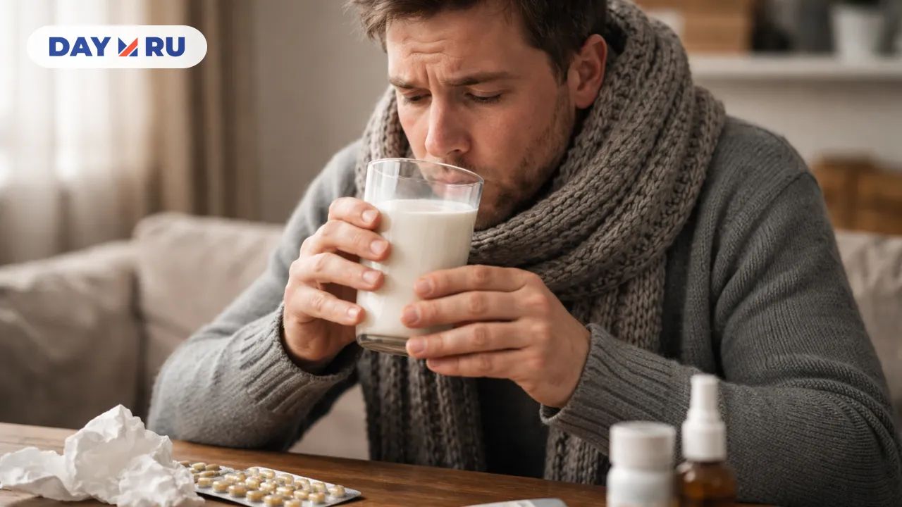Простуженный мужчина пьёт тёплое молоко.