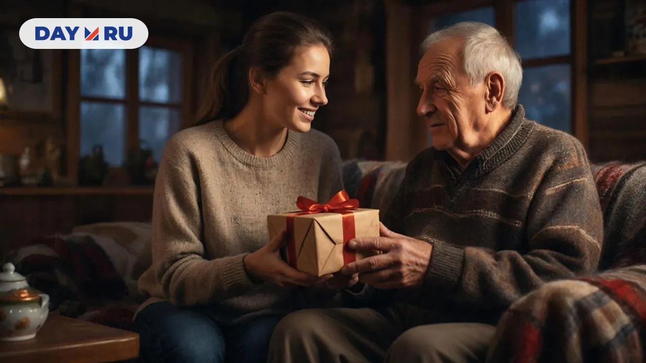 Женщина дарит подарок отцу