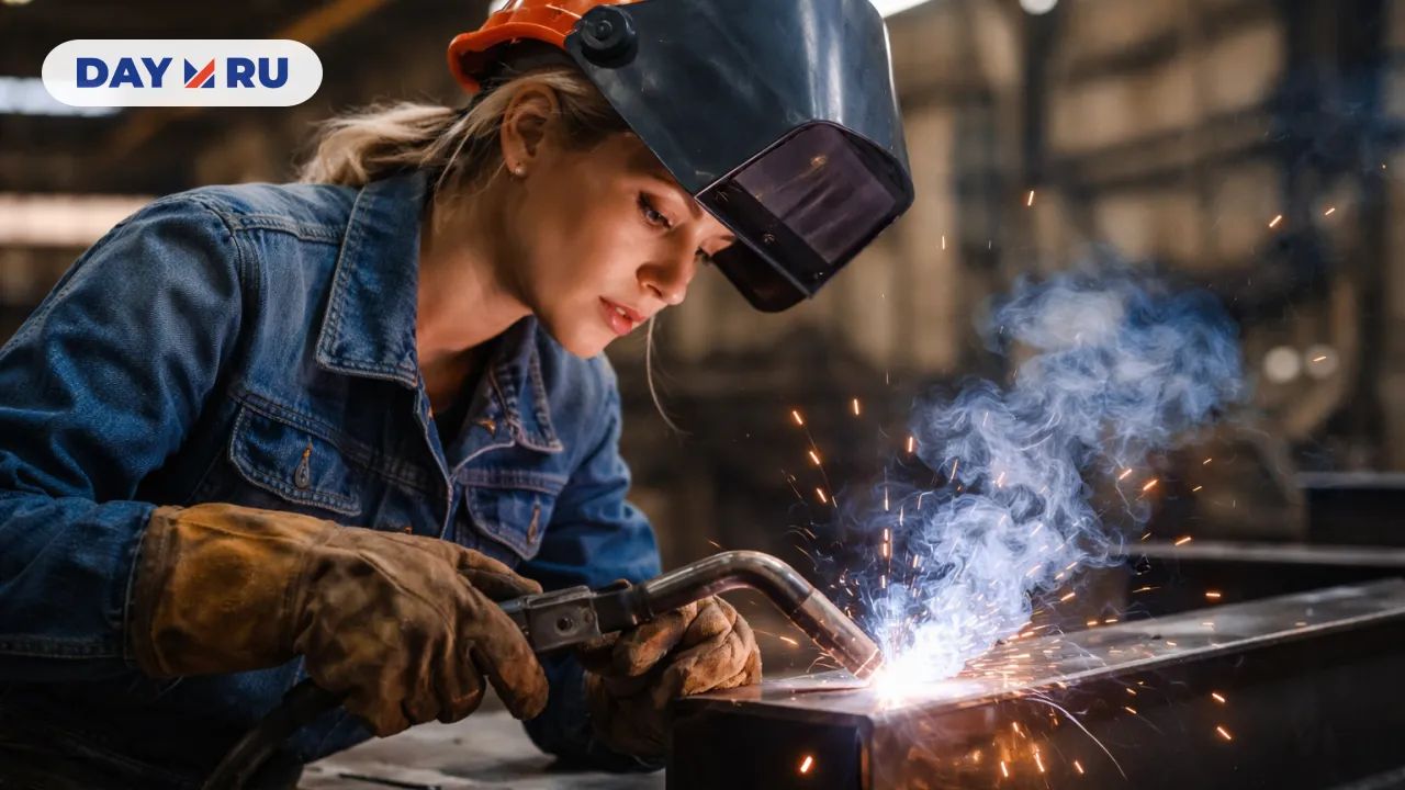 Женщина-сварщик в процессе работы