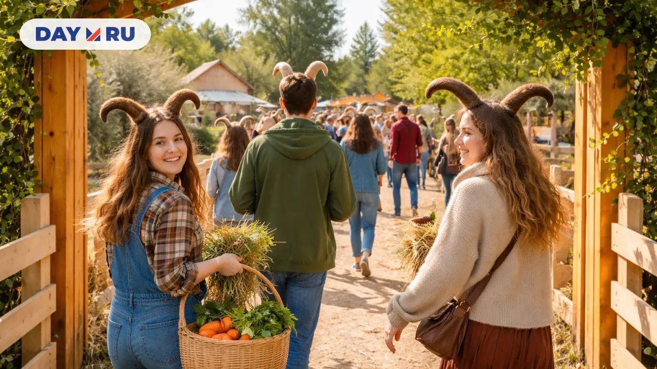 Посетители фермы в костюмах