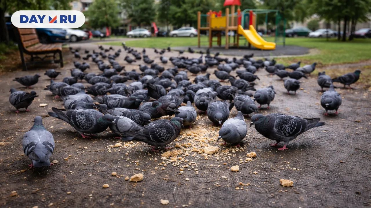Стая голубей в городском парке