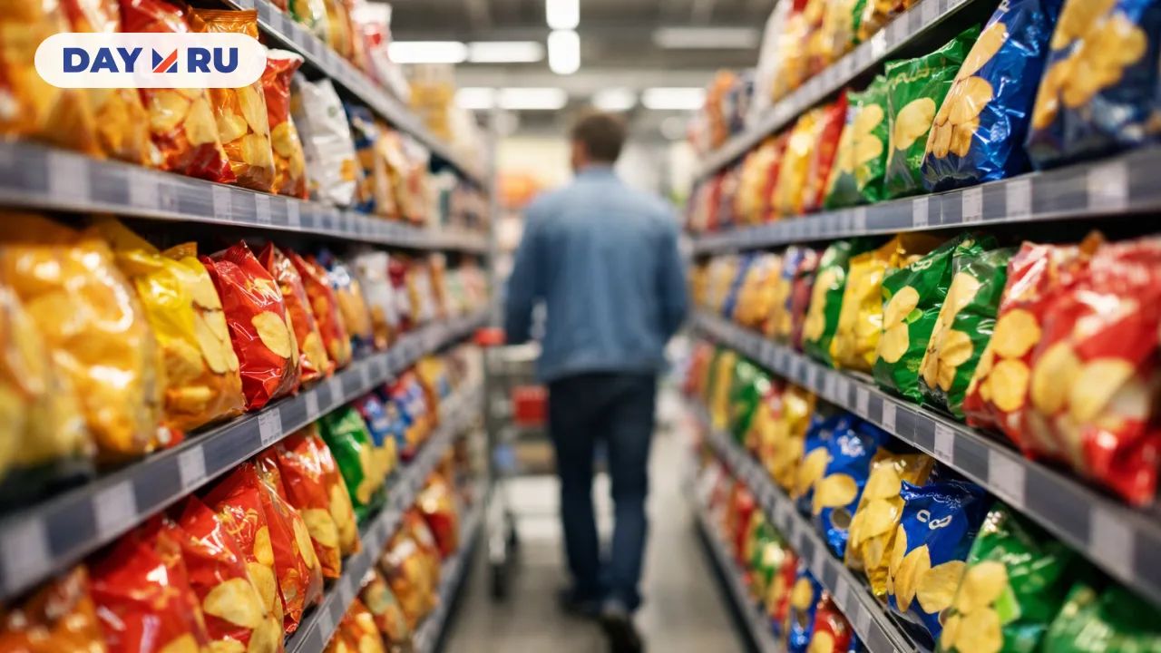 Полки с чипсами в супермаркете