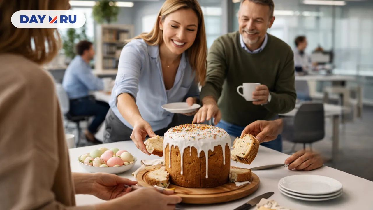 Коллеги и пасхальный кулич в офисе