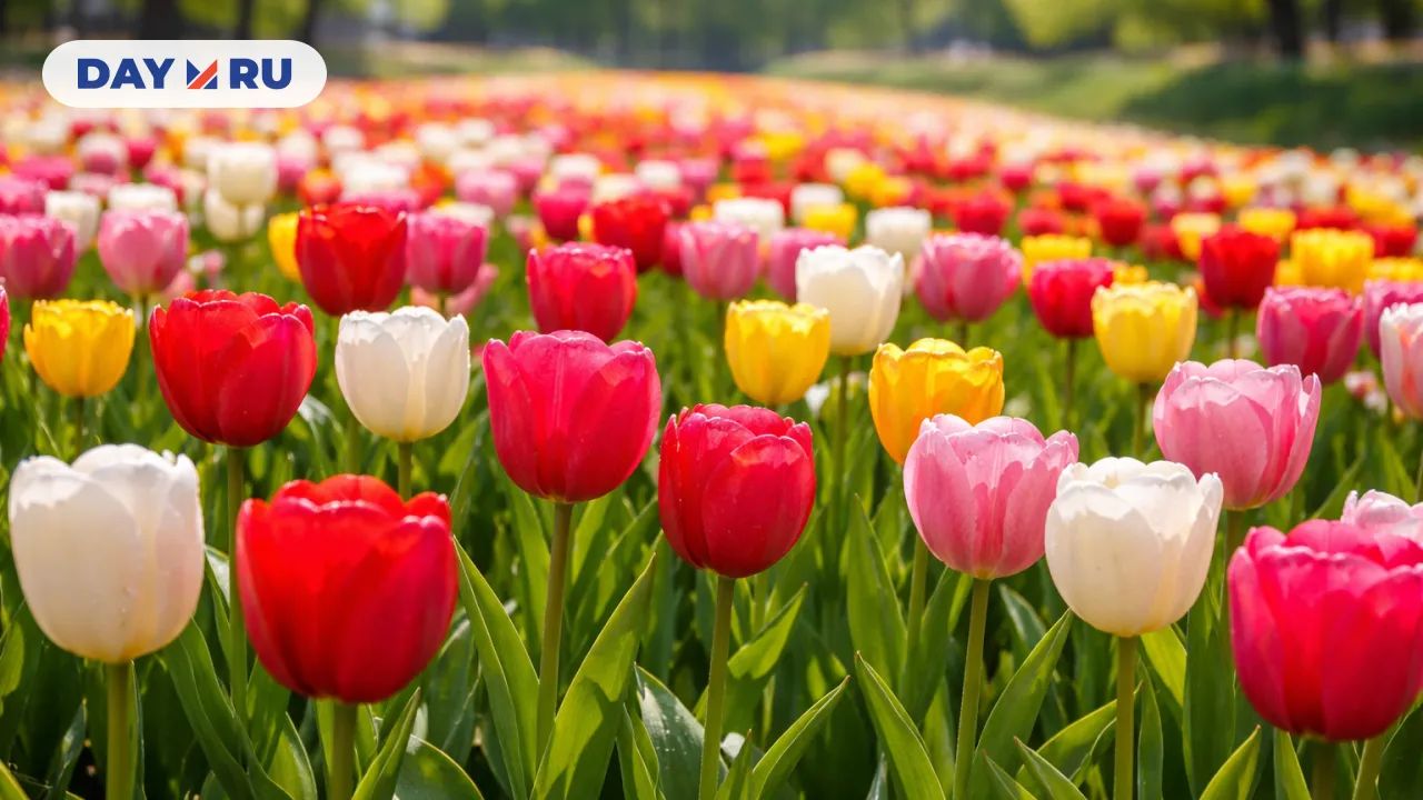 Цветущий луг тюльпанов весной