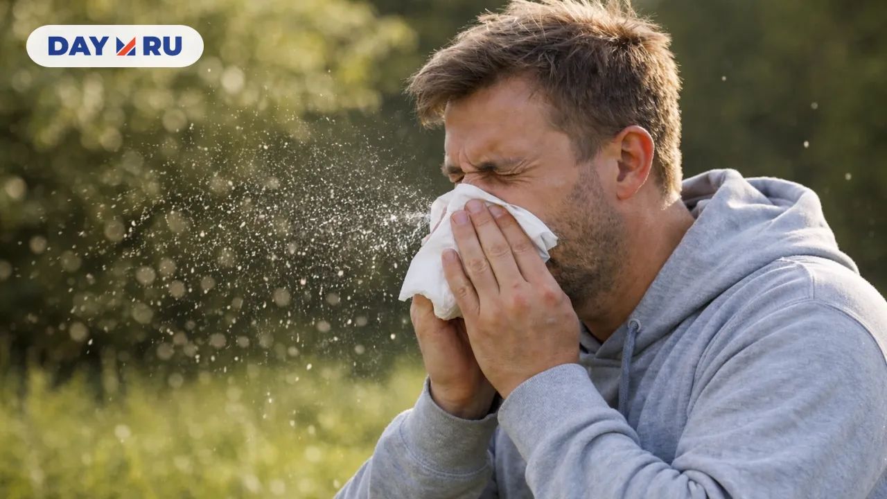 Человек чихает на свежем воздухе