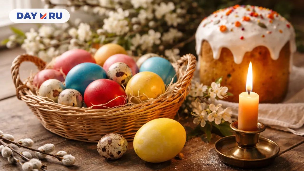 Пасхальная трапеза с куличом и яйцами