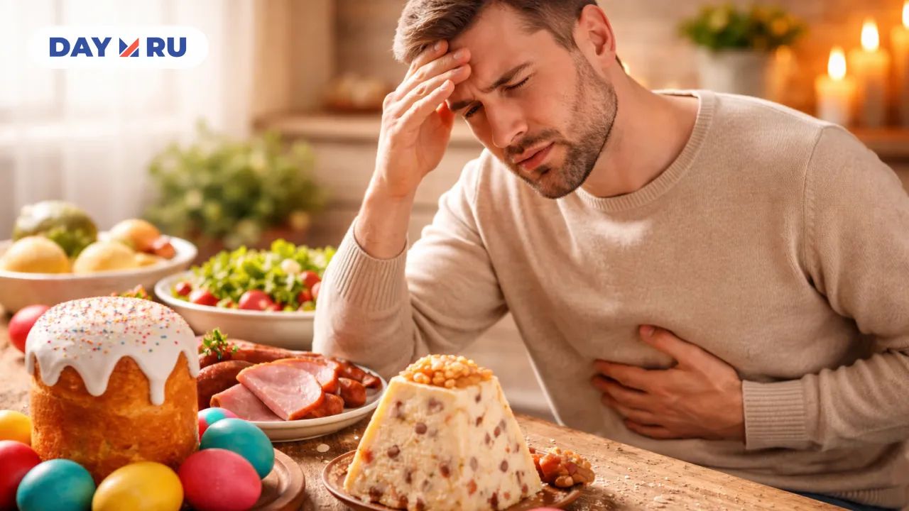 Мужчина за пасхальным столом в боли