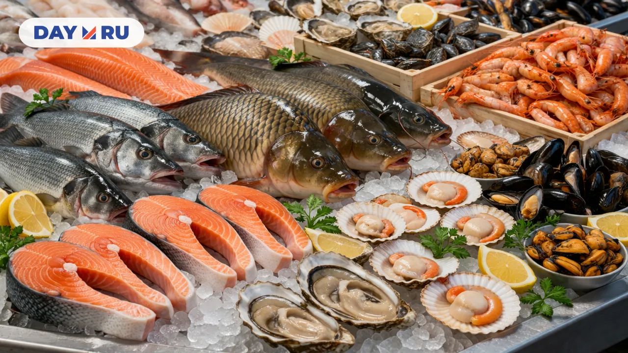 Свежий выбор морепродуктов на льду