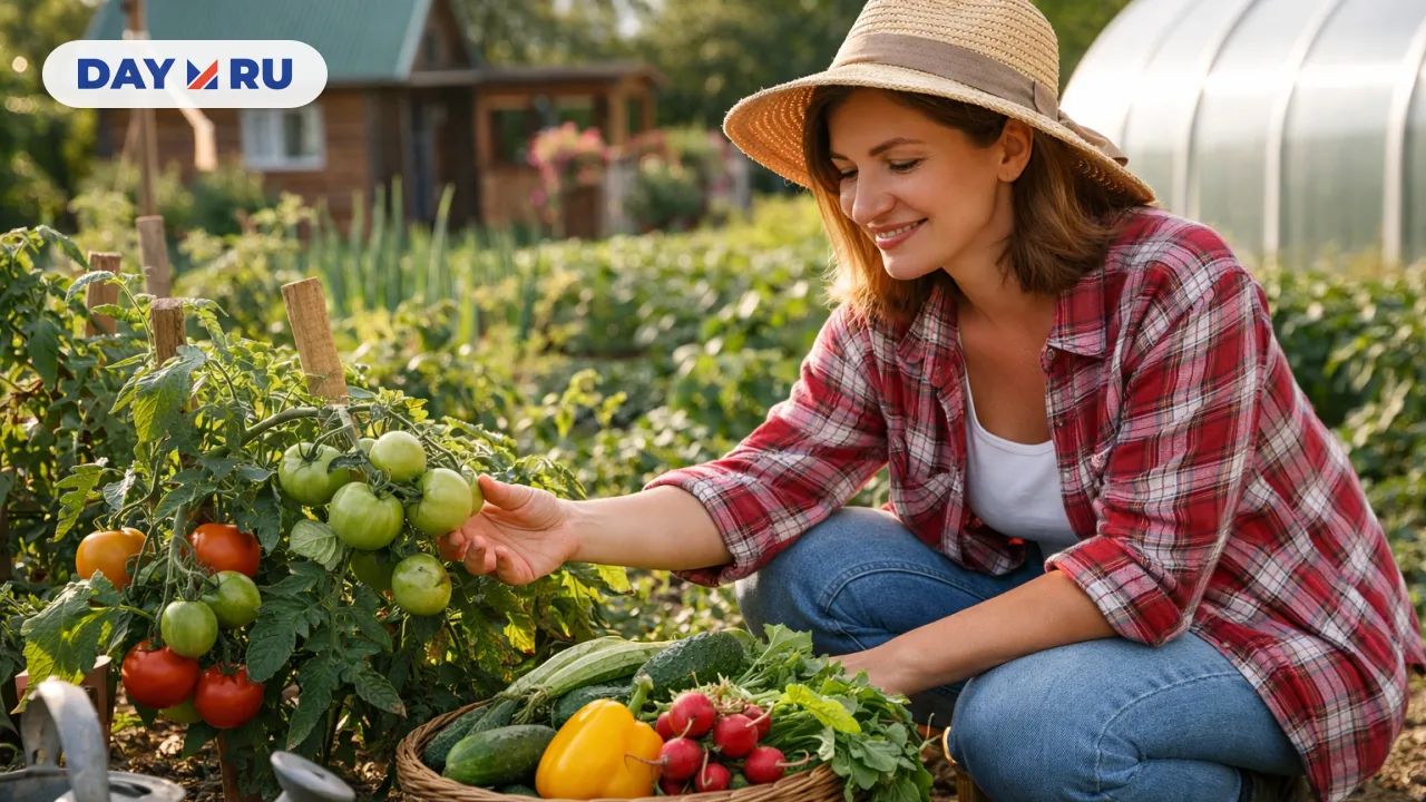 Женщина в саду с урожаем