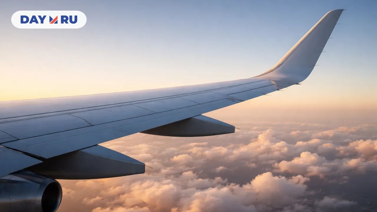 Крыло самолета на закате