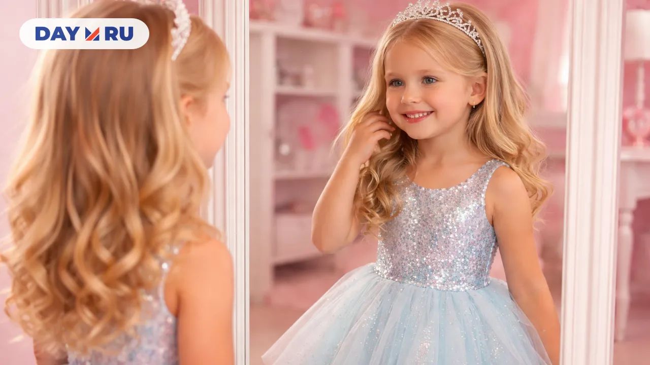 Девочка в розовом платье у зеркала