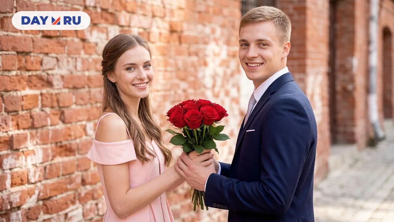 Мужчина и женщина, букет цветов