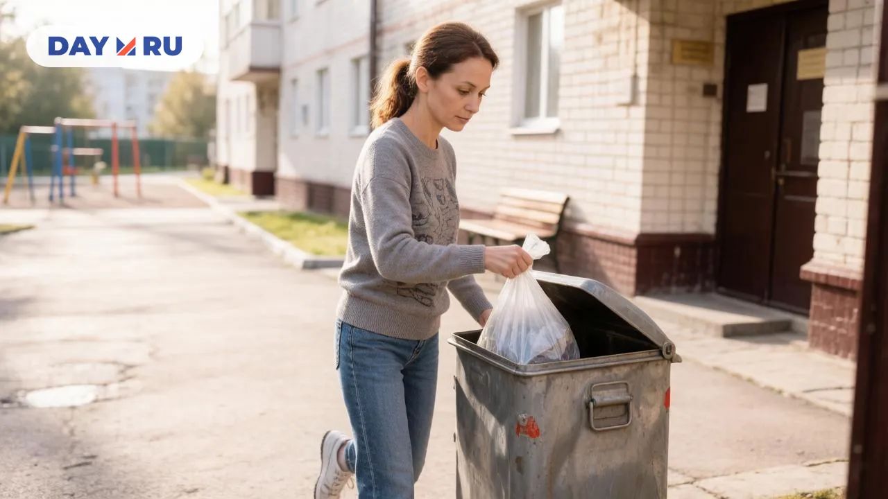 Женщина выносит мусор