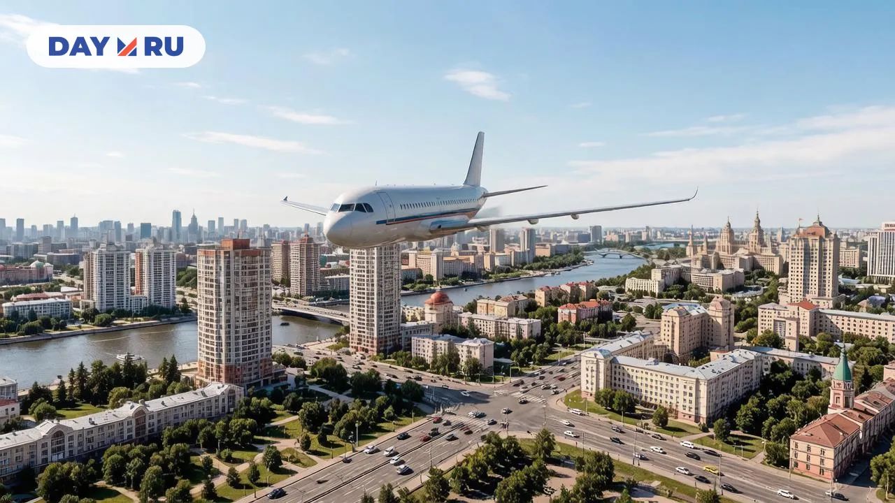 Самолет летит над городом