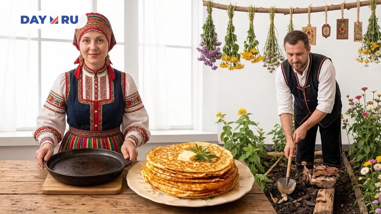 Женщина с блинами и мужчина в огороде