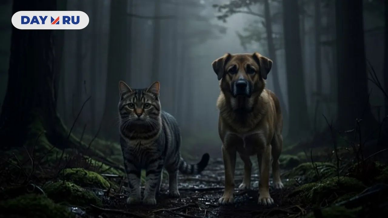Кошка и собака в лесу